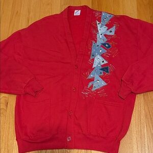 Jerzees Red Cardigan with Geometric Design - Christmas Themed